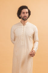 Beige Blossom Embroidered Silk Kurta Set