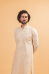 Beige Blossom Embroidered Silk Kurta Set