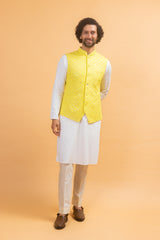 AURIC : Yellow Chikankari Nehru Jacket