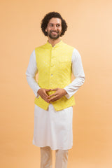 AURIC : Yellow Chikankari Nehru Jacket