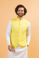 AURIC : Yellow Chikankari Nehru Jacket