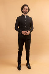 JACQURED JET : Textured Black Bandhgala