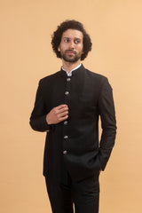 JACQURED JET : Textured Black Bandhgala