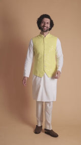 AURIC : Yellow Chikankari Nehru Jacket