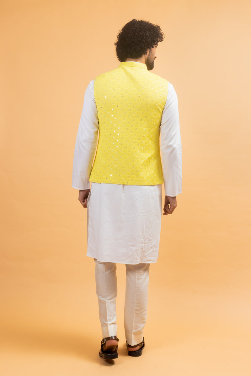 AURIC : Yellow Chikankari Nehru Jacket