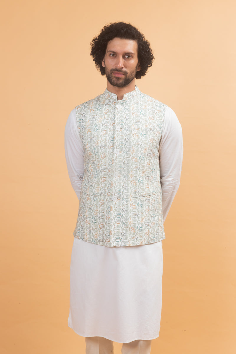 Ashen : Grey Chikankari Embroidered Nehru Jacket